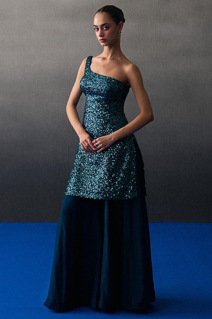Peacock Blue Soft Organza Party Wear Sharara Set by Angad Singh at Pernia's Pop Up Shop