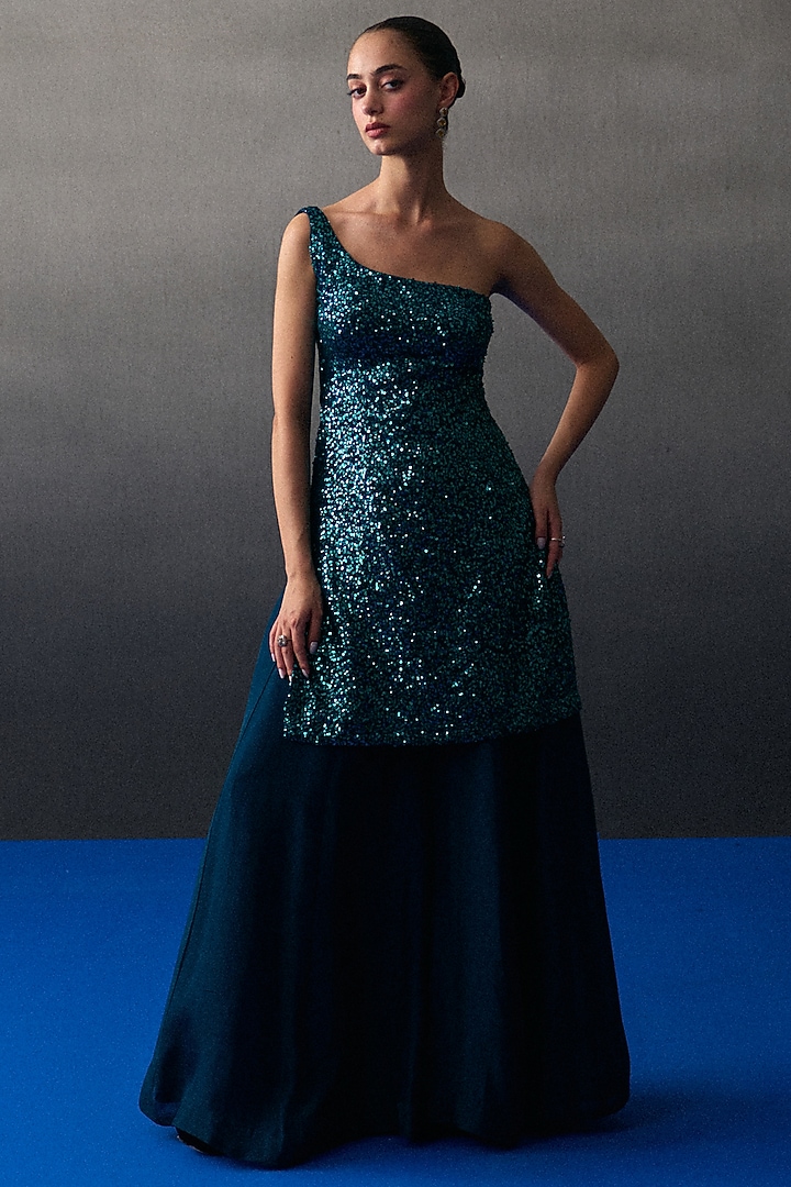 Peacock Blue Soft Organza Party Wear Sharara Set by Angad Singh at Pernia's Pop Up Shop