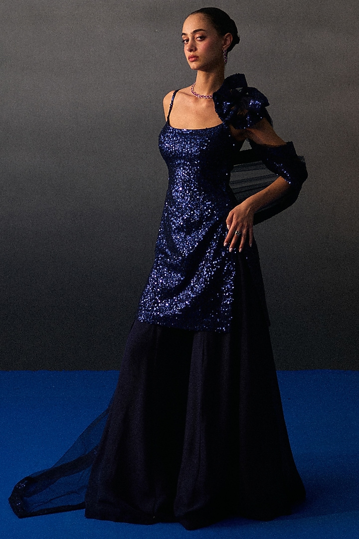 Midnight Blue Soft Organza Party Wear Sharara Set by Angad Singh at Pernia's Pop Up Shop