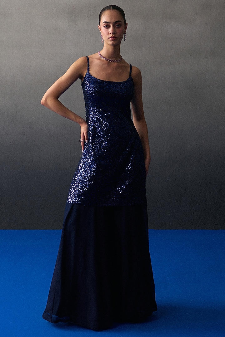 Midnight Blue Soft Organza Party Wear Sharara Set by Angad Singh at Pernia's Pop Up Shop
