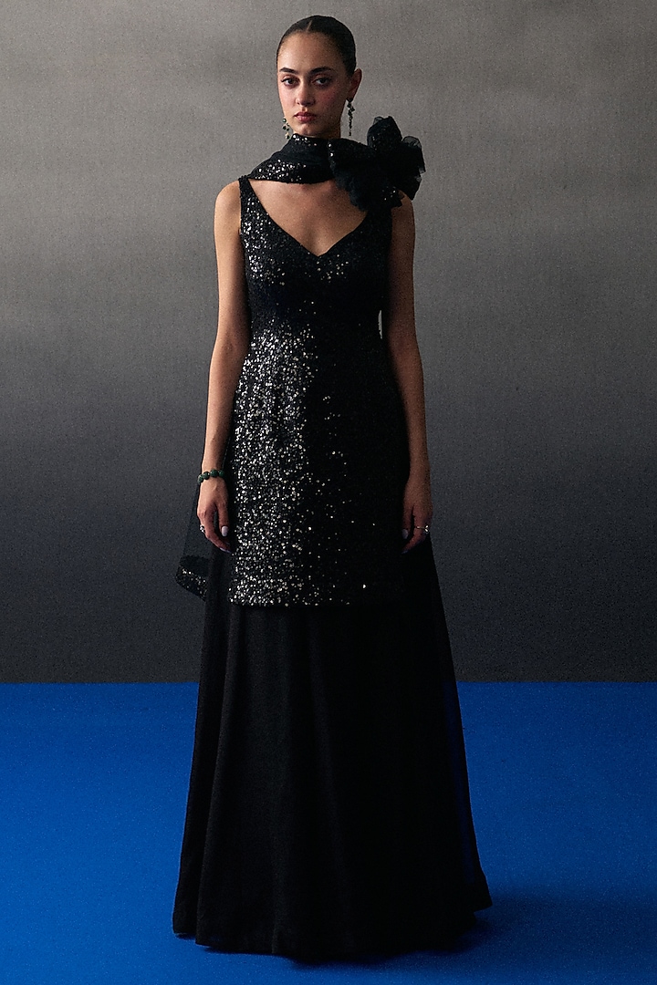 Black Soft Organza Party Wear Sharara Set by Angad Singh at Pernia's Pop Up Shop