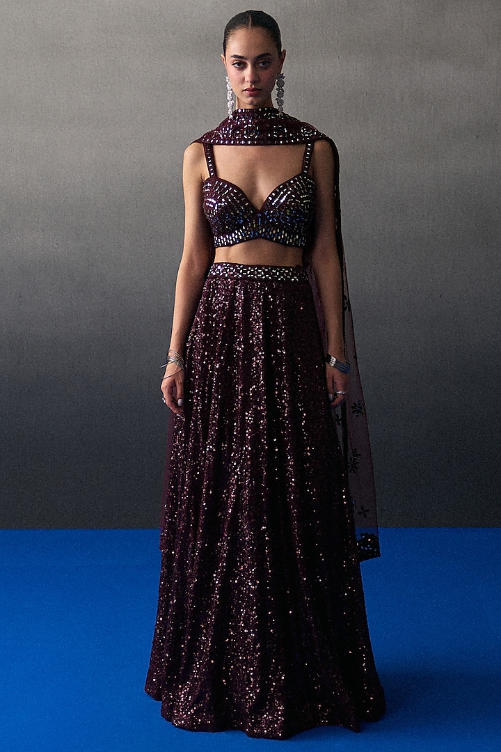 Crimson Sequins Wedding Lehenga Set by Angad Singh at Pernia's Pop Up Shop