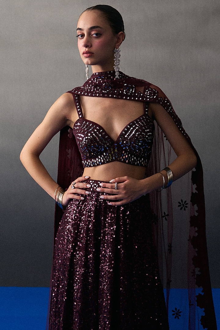 Crimson Sequins Wedding Lehenga Set by Angad Singh at Pernia's Pop Up Shop