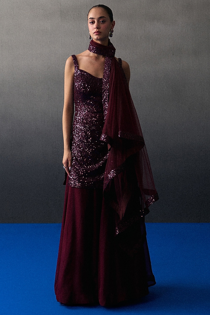 Crimson Soft Organza Party Wear Sharara Set by Angad Singh at Pernia's Pop Up Shop