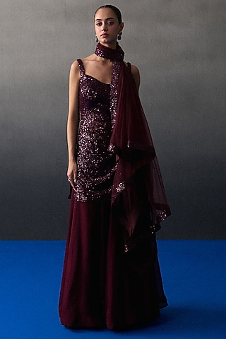 Crimson Soft Organza Sharara Set by Angad Singh