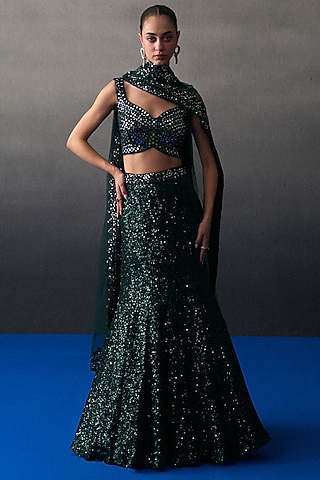 Green Sequins Mermaid Lehenga Set by Angad Singh