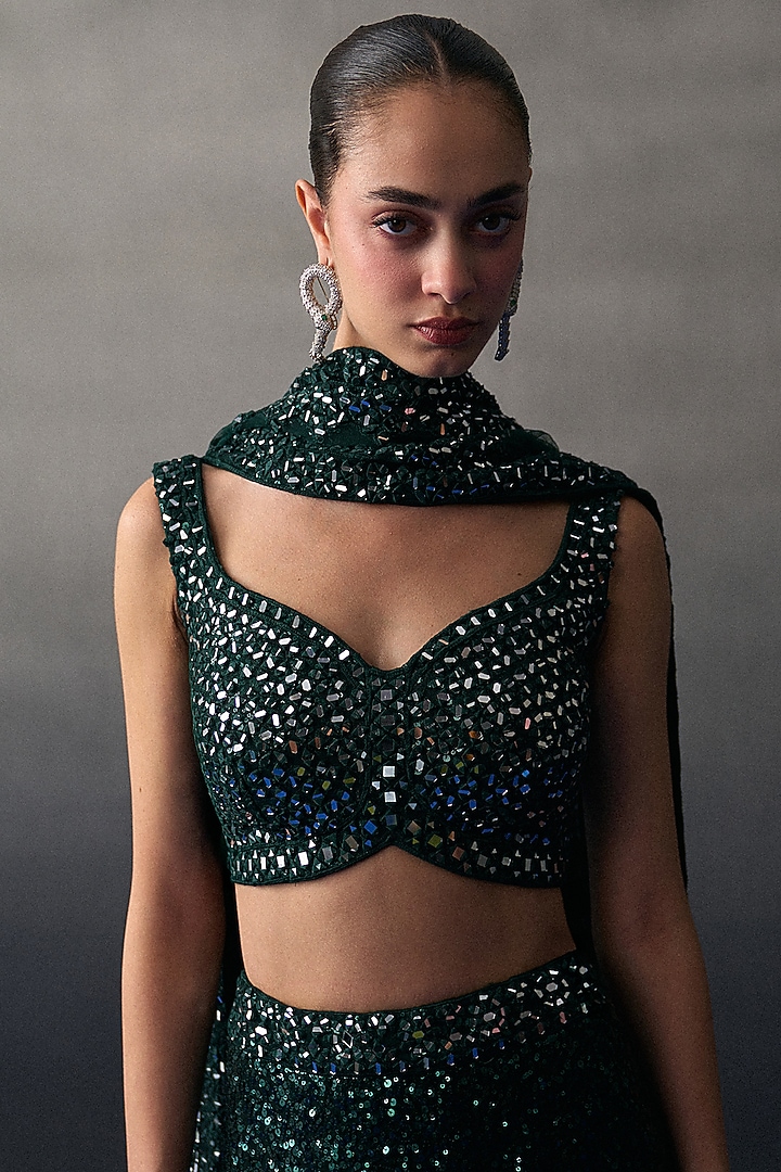 Green Sequins Mermaid Wedding Lehenga Set by Angad Singh at Pernia's Pop Up Shop