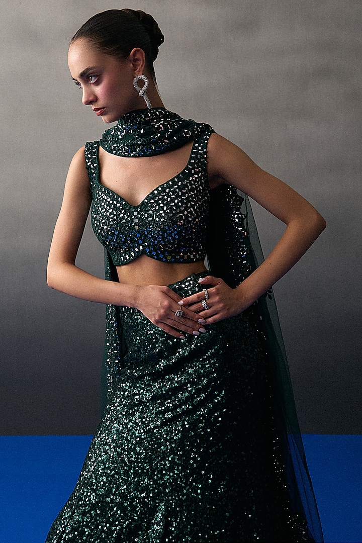 Green Sequins Mermaid Wedding Lehenga Set by Angad Singh at Pernia's Pop Up Shop