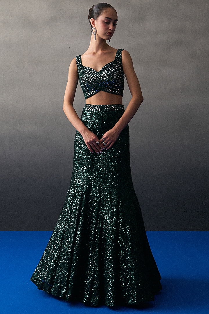 Green Sequins Mermaid Wedding Lehenga Set by Angad Singh at Pernia's Pop Up Shop