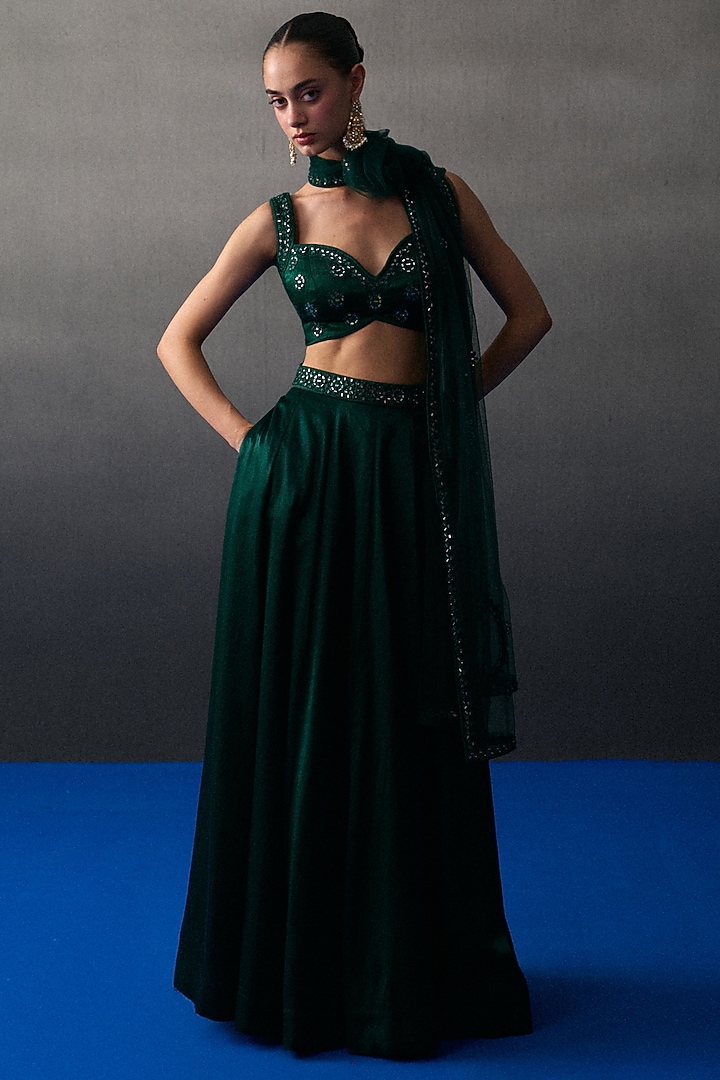 Emerald Green Satin Silk Wedding Lehenga Set by Angad Singh at Pernia's Pop Up Shop