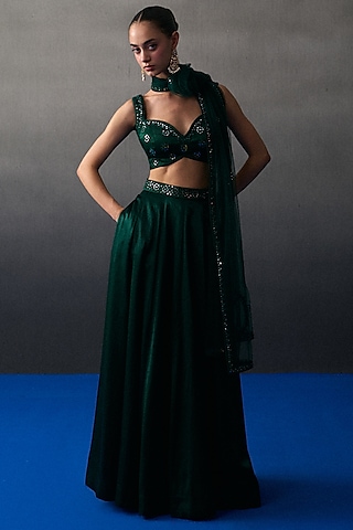 Emerald Green Satin Silk Lehenga Set by Angad Singh
