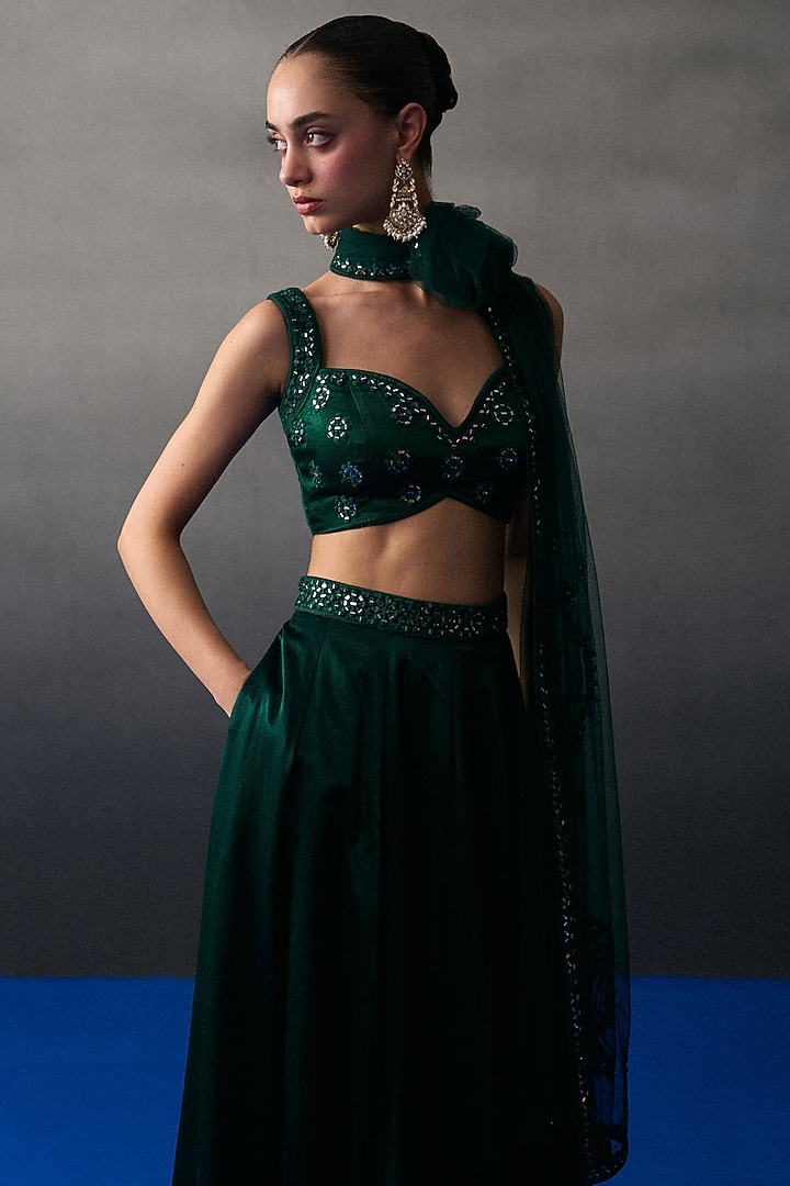 Emerald Green Satin Silk Wedding Lehenga Set by Angad Singh at Pernia's Pop Up Shop