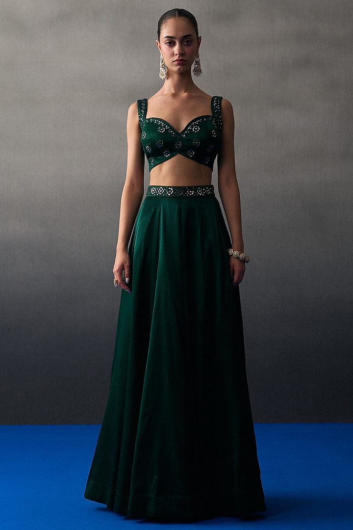 Emerald Green Satin Silk Wedding Lehenga Set by Angad Singh at Pernia's Pop Up Shop