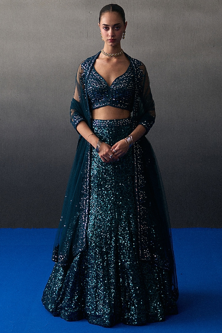 Peacock Blue Sequins Mermaid Wedding Lehenga Set by Angad Singh at Pernia's Pop Up Shop
