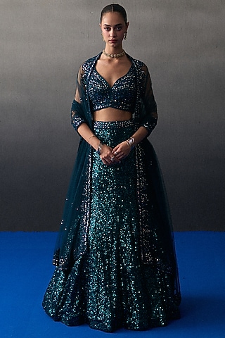 Peacock Blue Sequins Mermaid Lehenga Set by Angad Singh