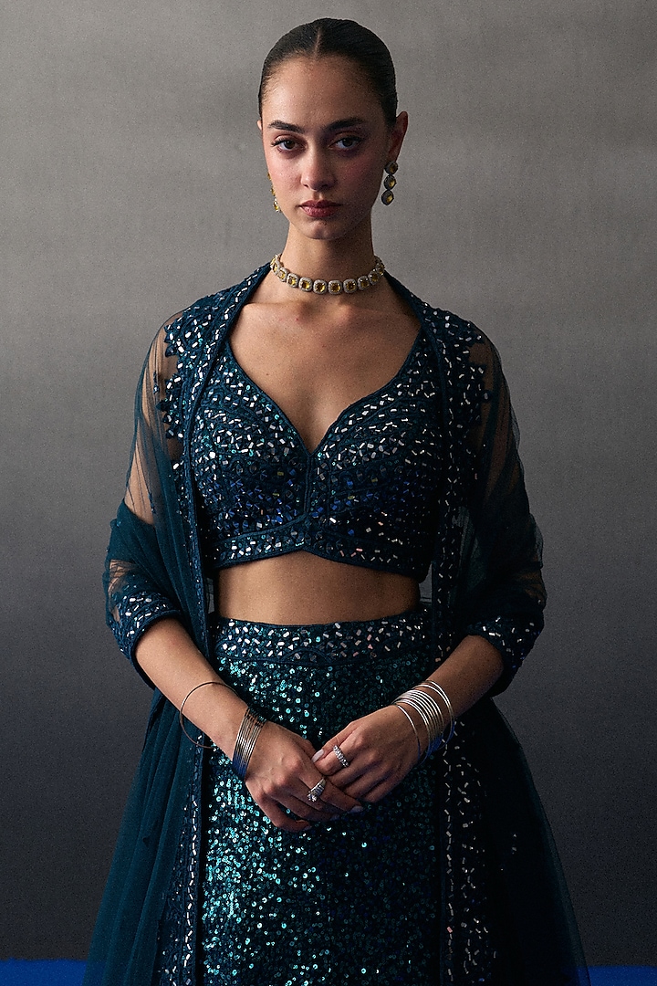 Peacock Blue Sequins Mermaid Wedding Lehenga Set by Angad Singh at Pernia's Pop Up Shop