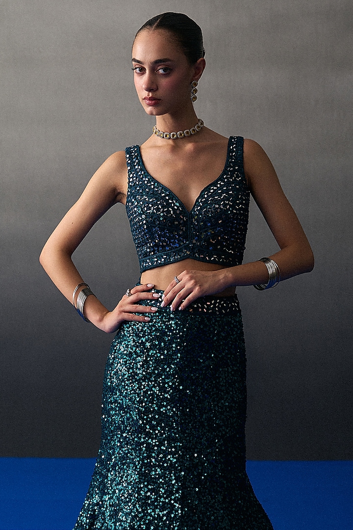 Peacock Blue Sequins Mermaid Wedding Lehenga Set by Angad Singh at Pernia's Pop Up Shop