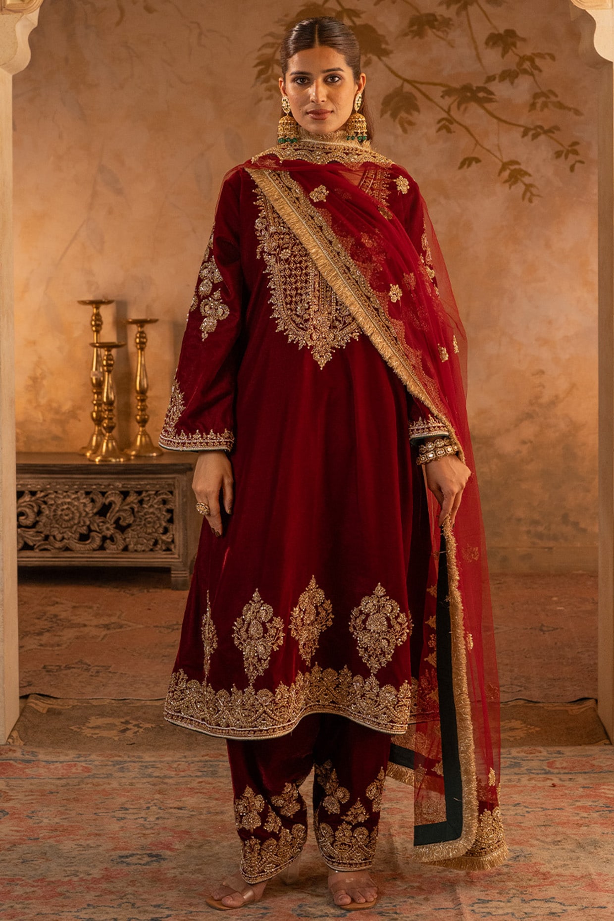 Angad Singh Maroon Velvet Embroidered Anarkali Set