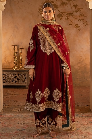 Maroon Velvet Embroidered Anarkali Set by Angad Singh