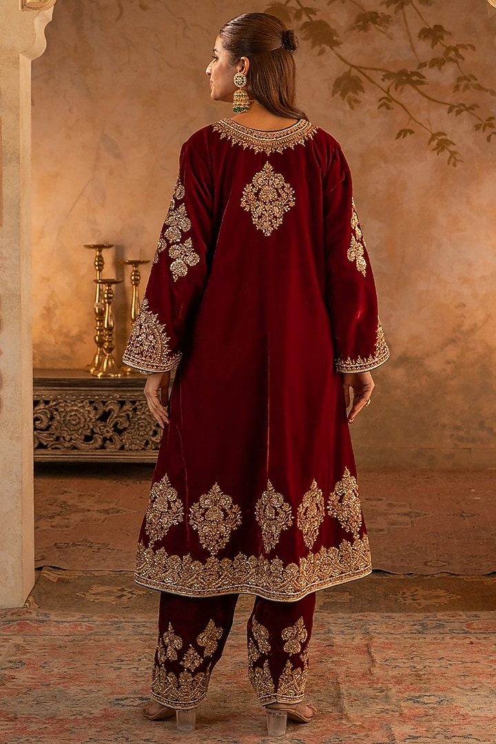 Maroon Velvet Embroidered Bridal Anarkali Set by Angad Singh at Pernia's Pop Up Shop
