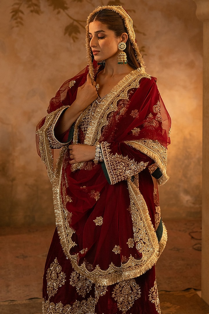 Maroon Velvet Embroidered Bridal Anarkali Set by Angad Singh at Pernia's Pop Up Shop
