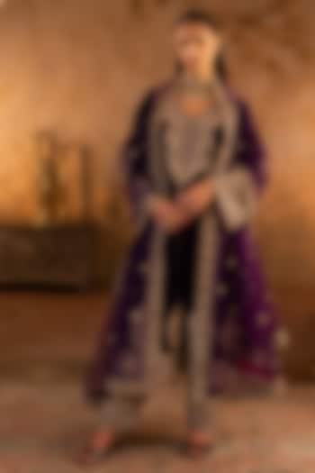 Purple Velvet Embroidered Kurta Set by Angad Singh at Pernia's Pop Up Shop