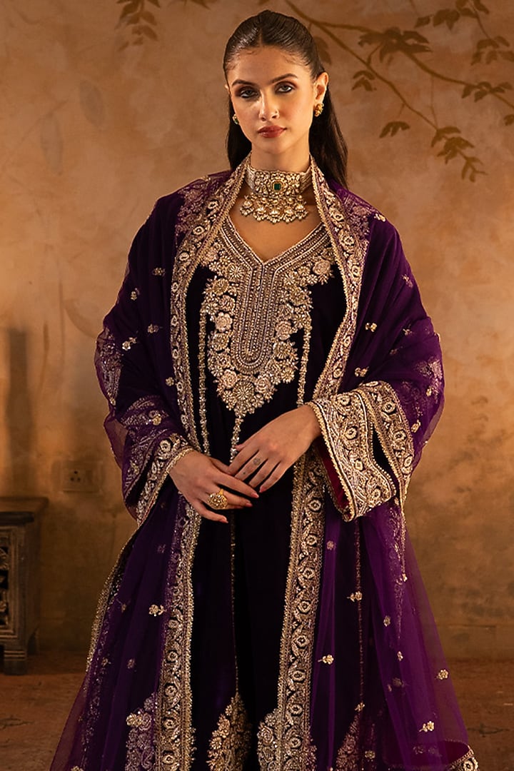 Purple Velvet Embroidered Kurta Set by Angad Singh at Pernia's Pop Up Shop