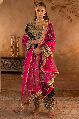 Grey Velvet Embroidered Kurta Set by Angad Singh