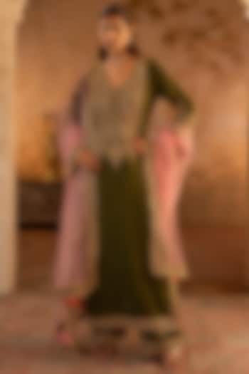 Olive Green Velvet Embroidered Kurta Set by Angad Singh at Pernia's Pop Up Shop