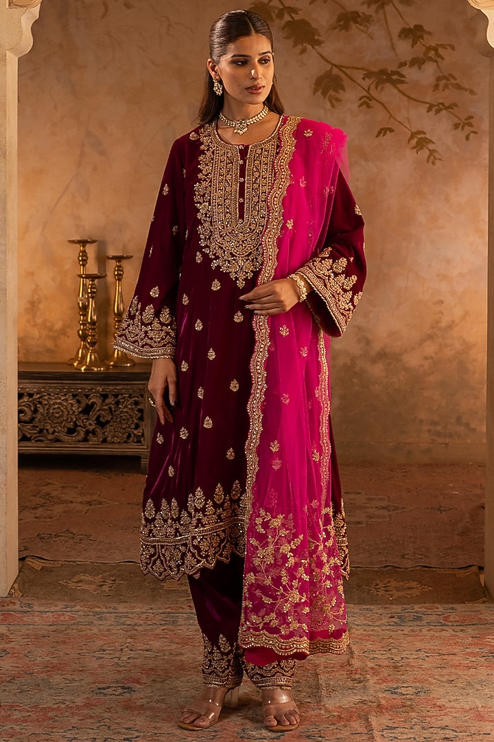 Dark Crimson Velvet Embroidered Kurta Set by Angad Singh at Pernia's Pop Up Shop