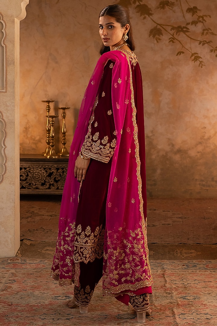 Dark Crimson Velvet Embroidered Kurta Set by Angad Singh at Pernia's Pop Up Shop