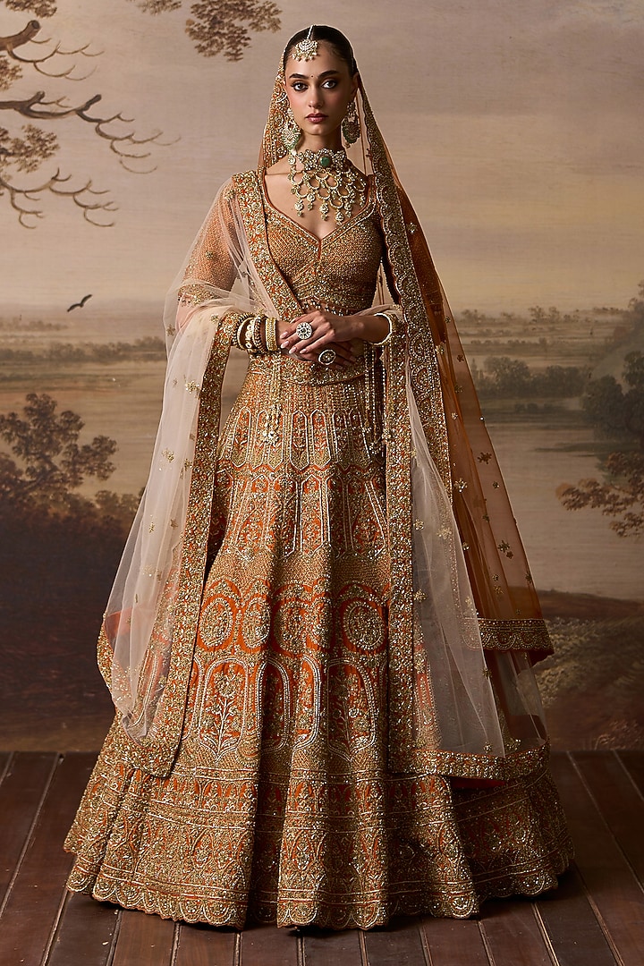Rust Raw Silk Scalloped Embroidered Bridal Lehenga Set by Angad Singh at Pernia's Pop Up Shop