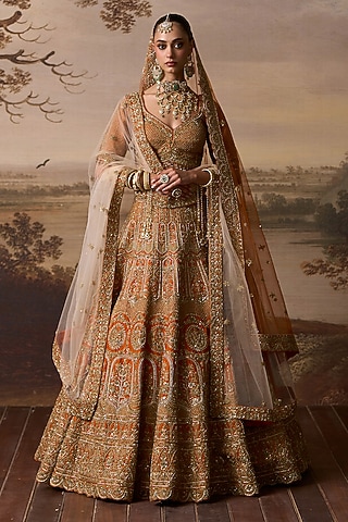 Rust Raw Silk Scalloped Embroidered Lehenga Set by Angad Singh