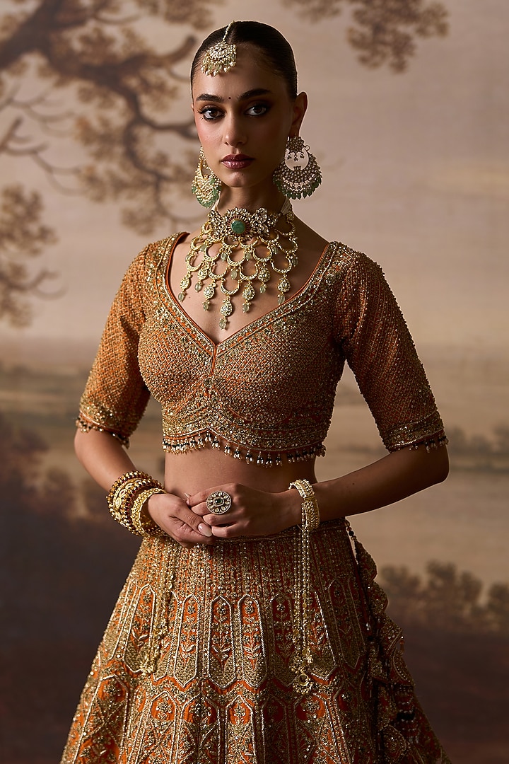 Rust Raw Silk Scalloped Embroidered Bridal Lehenga Set by Angad Singh at Pernia's Pop Up Shop