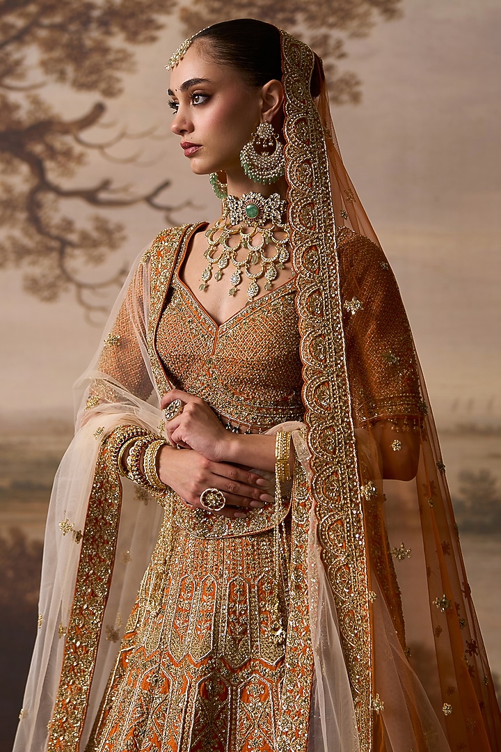 Rust Raw Silk Scalloped Embroidered Bridal Lehenga Set by Angad Singh at Pernia's Pop Up Shop