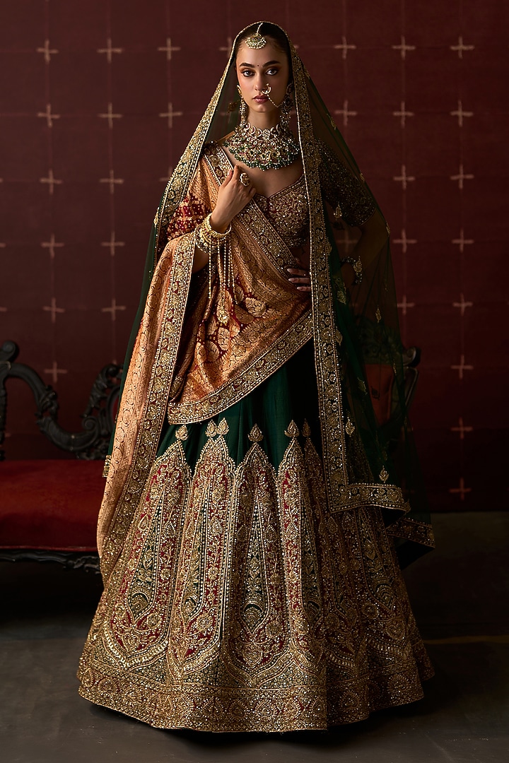 Bottle Green Raw Silk Zardosi Embroidered Bridal Lehenga Set by Angad Singh at Pernia's Pop Up Shop