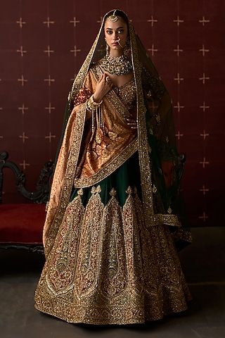 Bottle Green Raw Silk Zardosi Embroidered Lehenga Set by Angad Singh