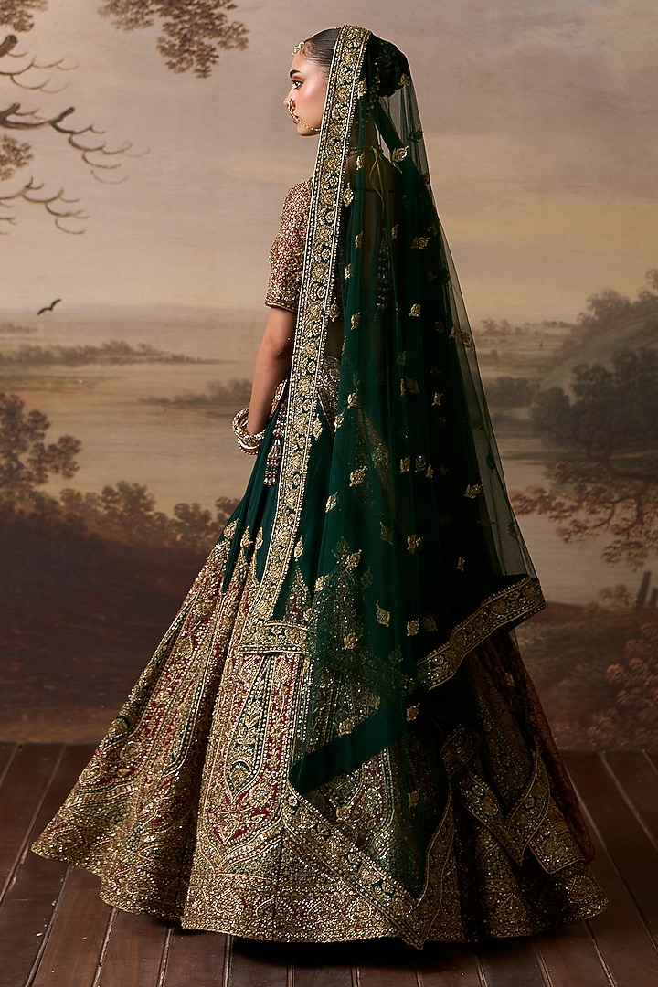 Bottle Green Raw Silk Zardosi Embroidered Bridal Lehenga Set by Angad Singh at Pernia's Pop Up Shop