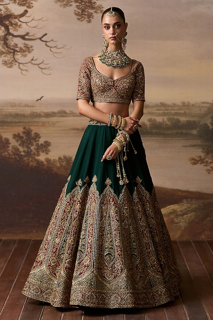 Bottle Green Raw Silk Zardosi Embroidered Bridal Lehenga Set by Angad Singh at Pernia's Pop Up Shop