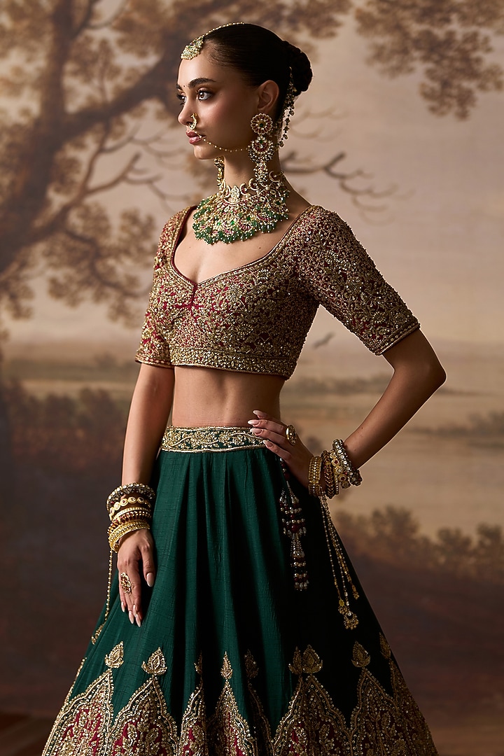 Bottle Green Raw Silk Zardosi Embroidered Bridal Lehenga Set by Angad Singh at Pernia's Pop Up Shop