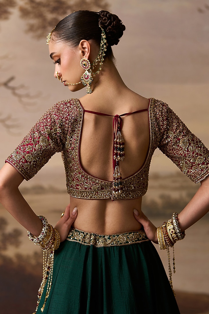 Bottle Green Raw Silk Zardosi Embroidered Bridal Lehenga Set by Angad Singh at Pernia's Pop Up Shop