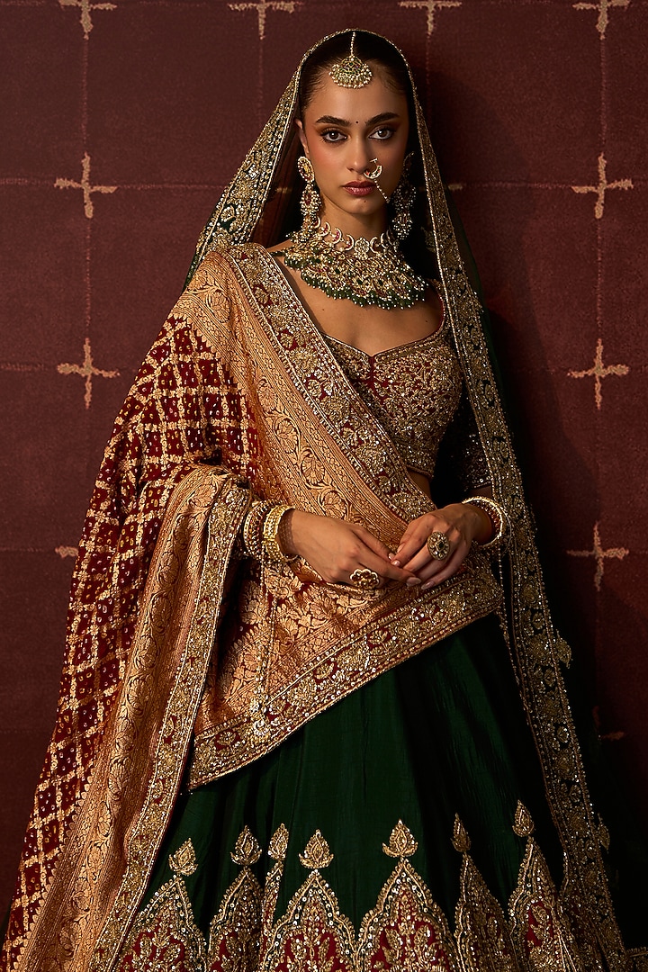 Bottle Green Raw Silk Zardosi Embroidered Bridal Lehenga Set by Angad Singh at Pernia's Pop Up Shop