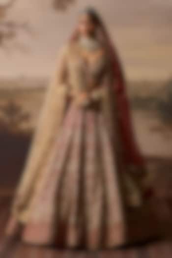 Red Raw Silk Gold Embroidered Bridal Lehenga Set by Angad Singh at Pernia's Pop Up Shop