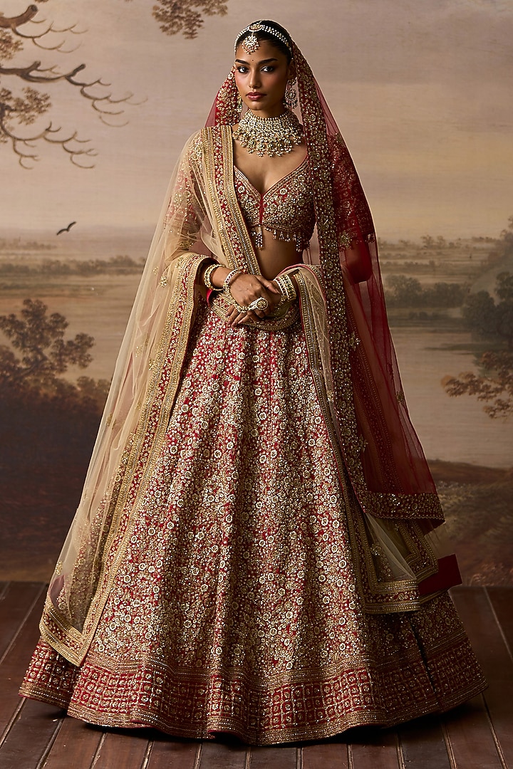 Red Raw Silk Gold Embroidered Bridal Lehenga Set by Angad Singh at Pernia's Pop Up Shop