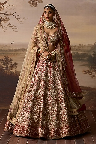 Red Raw Silk Gold Embroidered Lehenga Set by Angad Singh