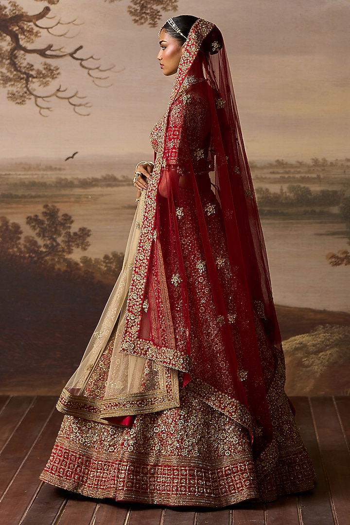 Red Raw Silk Gold Embroidered Bridal Lehenga Set by Angad Singh at Pernia's Pop Up Shop