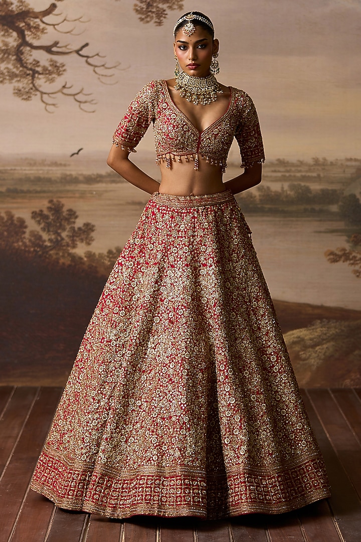 Red Raw Silk Gold Embroidered Bridal Lehenga Set by Angad Singh at Pernia's Pop Up Shop