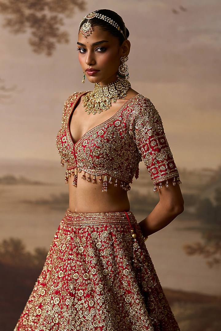 Red Raw Silk Gold Embroidered Bridal Lehenga Set by Angad Singh at Pernia's Pop Up Shop