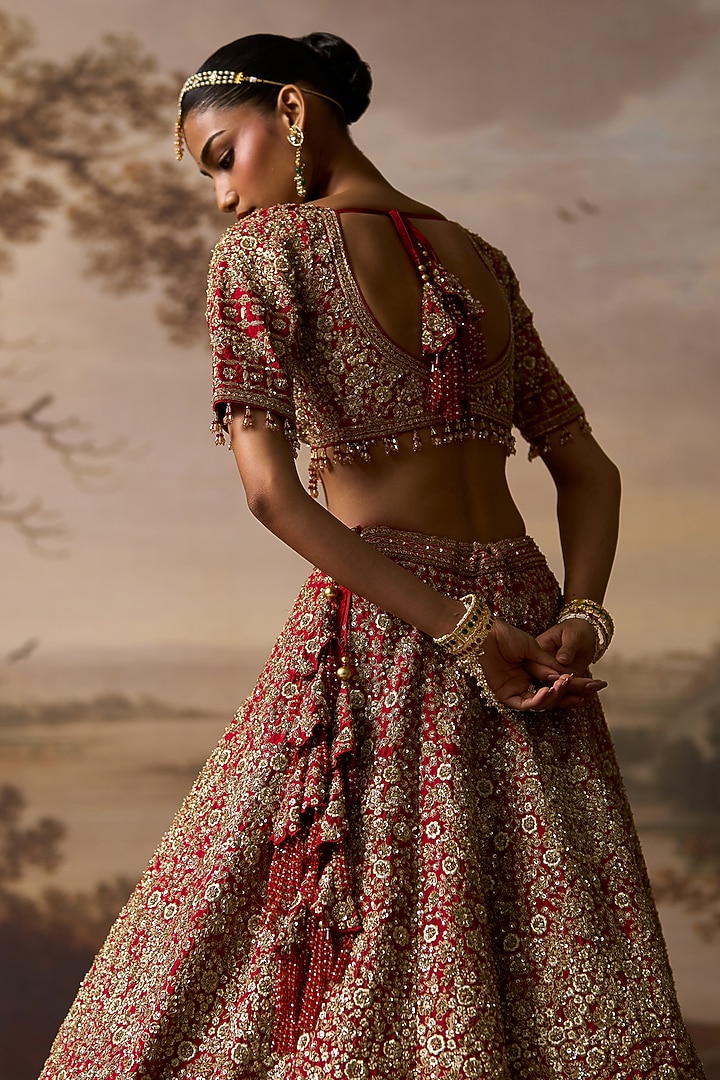 Red Raw Silk Gold Embroidered Bridal Lehenga Set by Angad Singh at Pernia's Pop Up Shop
