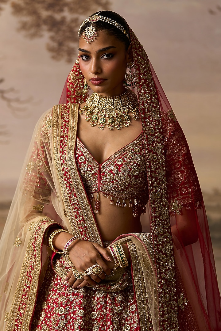 Red Raw Silk Gold Embroidered Bridal Lehenga Set by Angad Singh at Pernia's Pop Up Shop